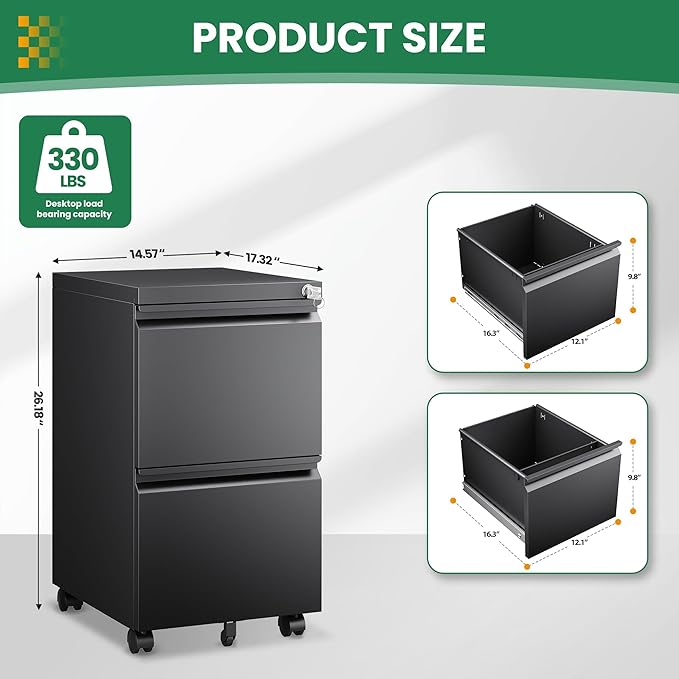 2 Drawer Metal File Cabinet with Lock, Rolling File Cabinets with Lock for A4/Legal/Letter Size, Under Desk Filing Cabinet for Home Office Assembly Required(Black)