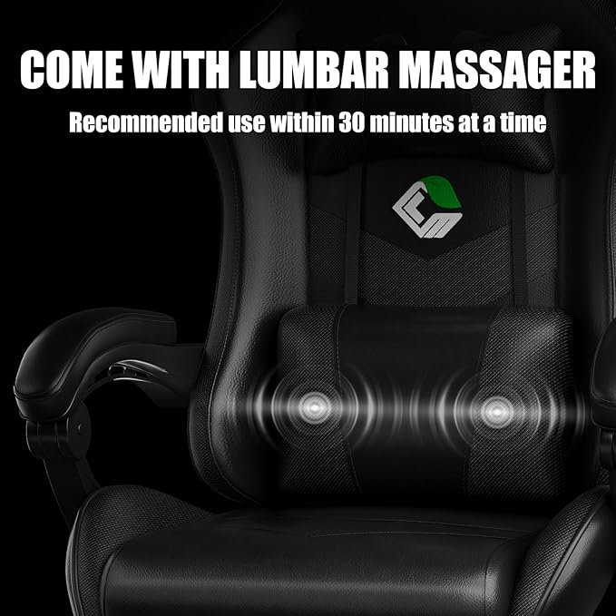 Gaming Chair, Ergonomic Office Computer Chair with Footrest and Lumbar Support Massager Racing Style High Back Video Gamer Chair, Wide&Thick Cushion, 90°-135° Recline, Adjustable Height, Black