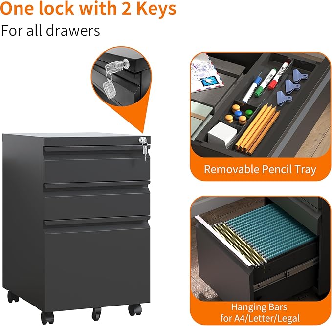 3 Drawer Mobile File Cabinet, Filing Cabinet Home Office for Letter, Legal Size, Fully Assembled Under Desk File Cabinet, Black