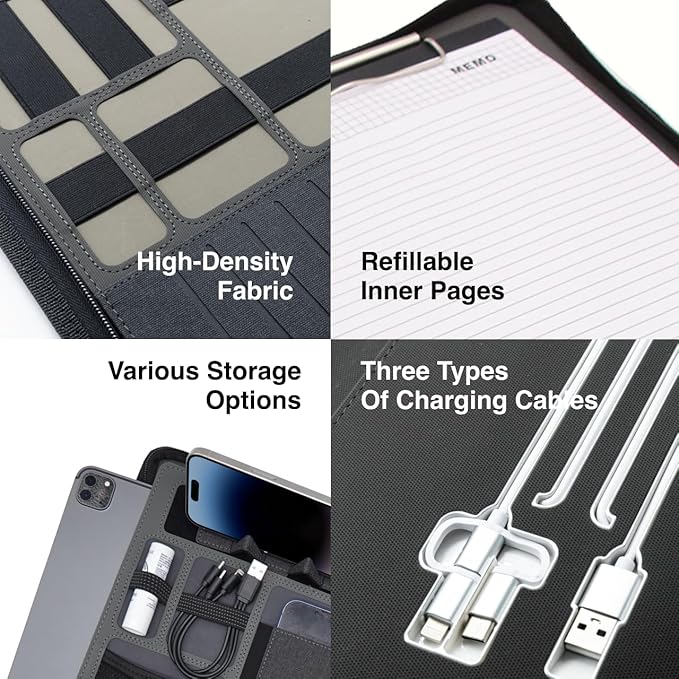 CARDSILK, Leather Zipper Portfolio Binder with Wired Charging, Clipboard – Business Organizer Padfolio folder with Built-in Power Bank, Tablet Slot, Zip Up Binder & portfolio clipboard for Women/Men