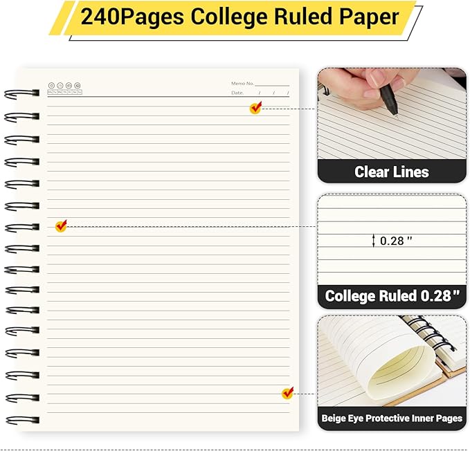 EUSOAR Notebooks Spiral, 1 Pack A5 5.5"x8.3" Hardcover College Ruled Lined Journal, 240 Pages(120 Sheets) Writing Pads Professional Notebook for DIY Note Taking School Business Work Office Diary