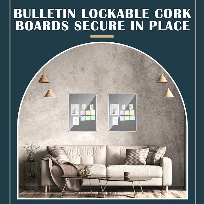 Suzile 1 Pcs Gray Enclosed Bulletin Board Lockable Cork Case Notice Board Aluminum Framed Waterproof Locking Cabinet with Mounting Screws for School Class Office Wall Display Pictures 48x36 Inch