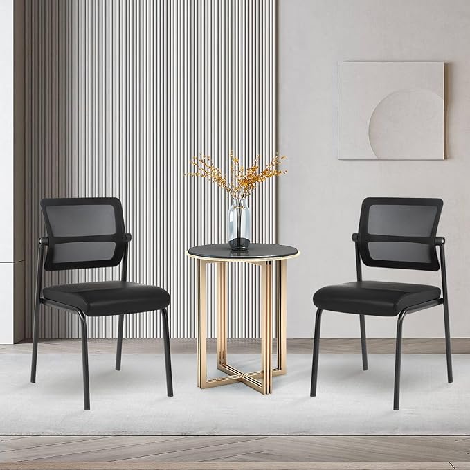 CLATINA Stackable Waiting Room Chair with Adjustable Mesh Backrest, Armless Office Guest Reception Chairs with Leather Cushion and Ergonomic Lumbar Support for Conference Lobby Side School, Black, 2PK