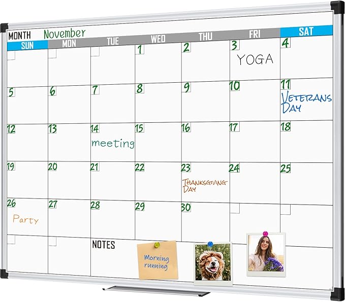 XBoard Magnetic Calendar Whiteboard 48" x 36" - Monthly Calendar Dry Erase Board, White Board + Colorful Calendar Board, Silver Aluminium Framed Monthly Planning Board
