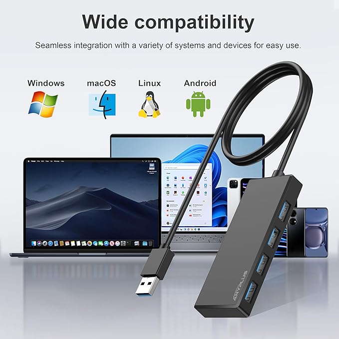 USB Hub, Multiport USB Splitter Adapter, 2 ft Long Cable USB 3.0 Hub, USB Extender for Laptop, PC, iMac, Surface Pro, MacBook, Mac Pro, Flash Drive, XPS, Mouse, HDD