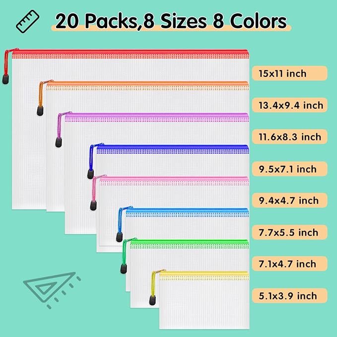 Smarpau 20pcs Mesh Zipper Pouch, 8 Sizes Plastic Zipper Pouches for Organizing, 8 Colors Waterproof Plastic Document Bags for Board Game Storage, Travel, Office Supplies