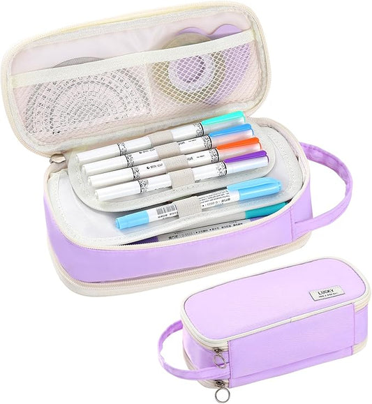 Pencil Case Large Zipper Pencil Pouch for Girls Kids Teens Adults Aesthetic Pencil Bag Stationery Organizer Pencil Case with Handle for School Purple