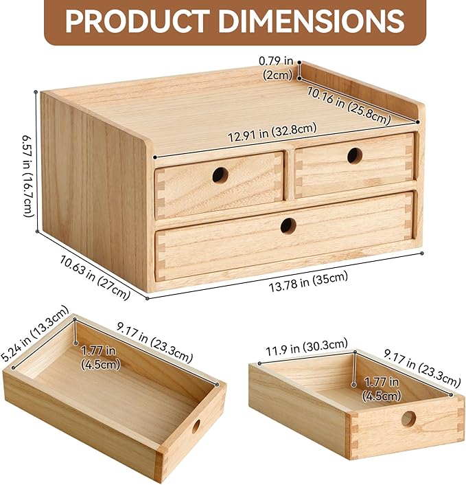 KIRIGEN Wood Organizer Shelf with 3 Drawers for Home Kicthen Decor Office Supplies Desktop Cabinet for Drawer Organizer - Desk Accessories Storage Box -Countertop Shelf Natural(DT2D3C-NA)