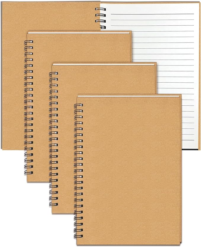 GINMLYDA 4Pack Small Spiral Notebook A5, 8.25x5.5β 120 Lined Pages Wide Ruled Spiral Journal Bulk Blank Kraft Cover Spiral Bound Notebook & Writing Pads for Home Office Meeting Work Note Taking
