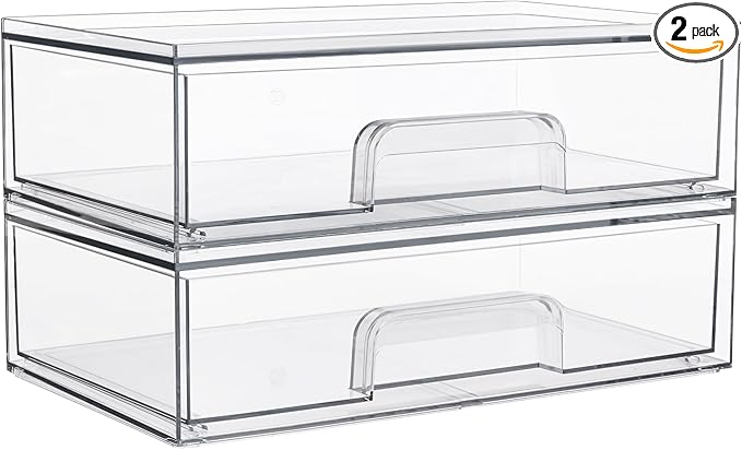 Vtopmart 12.1''W Clear Stackable Storage Drawers,2 Pack Acrylic Plastic Organizers Bins for Makeup Palettes, Cosmetics, and Beauty Supplies,Ideal for Vanity, Bathroom,Cabinet,Desk Organization