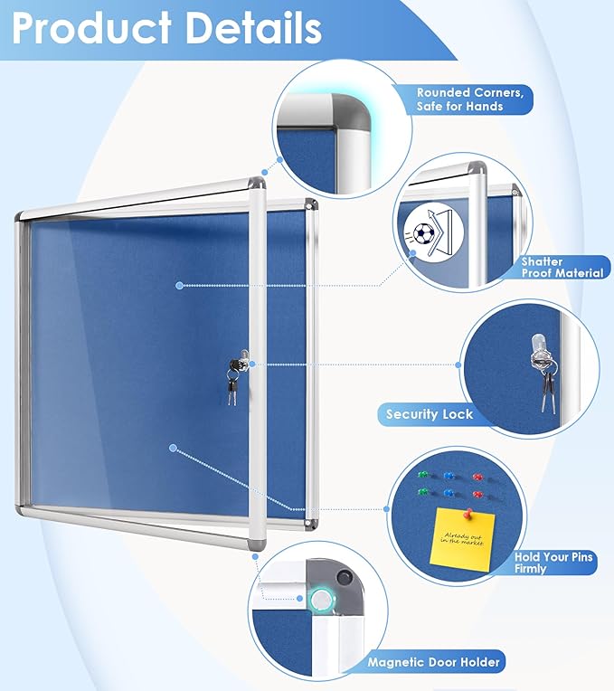 Swansea Blue Fabric Lockable Noticeboard Enclosed Pin Bulletin Board Glass Display Case for Wall Office School 6xA4