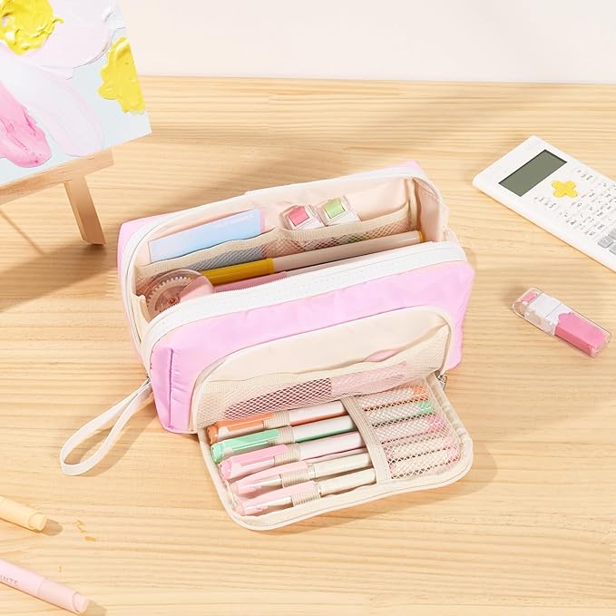 Sooez Big Capacity Pencil Case, Extra Large Pencil Pouch with Zipper Pocket, Wide Opening Pencil Bag, Portable Stationery Organizer, Cute Aesthetic School Office Supplies for Teens Girls Adults, Pink