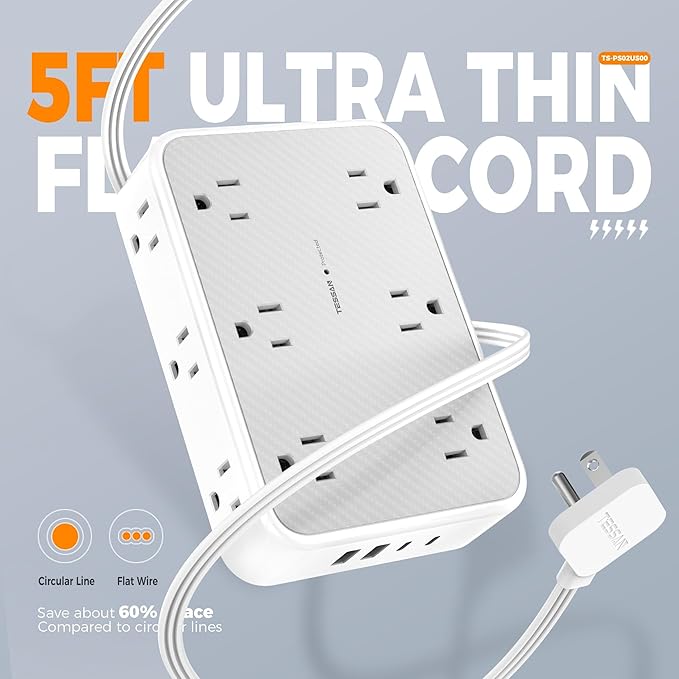 Surge Protector Power Strip, TESSAN 5FT Flat Extension Cord with Multiple Outlets, 12 Outlet Extender with 4 USB (2 USB-C), Flat Plug Power Strip, 1800J Surge Protection, Office, Dorm Essentials