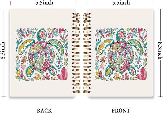 JXREQ Cute Floral Sea Turtle Notebook Ocean Beach Journal Gifts for Women Note Taking Bible Notes Writing, Gifts for Turtles Lovers, Pretty Spiral Notebooks 5.5x8.3