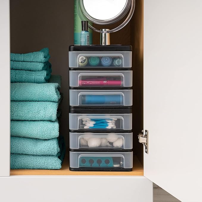 IRIS USA Plastic Stacking Desk Top 3-Drawer Storage Organizer, 2-Pack, for Makeup Vanity Nail Polish Bathroom Stationery Art Craft Supplies Kitchen Office Garage and Small Organization, Small, Black