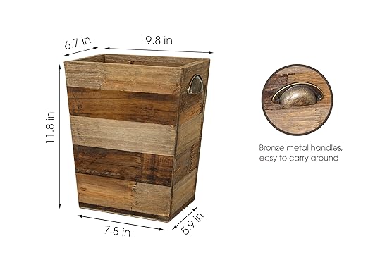 Small Wood Trash Can, Farmhouse Rectangular Garbage Can Waste Basket, Rustic Distressed Reclaimed Wood Wastebasket, Vintage Wooden Trash Recycling Bin Storage Basket with Metal Handles (Natural)