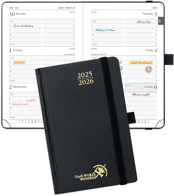 POPRUN Pocket Planner 2025-2026, (Purse Size 4''x 6.25'' Hard Cover) Academic Year Calendar Daily Weekly and Monthly (July 25-June 26) with Hourly Time Slots, 100 GSM Paper - Black