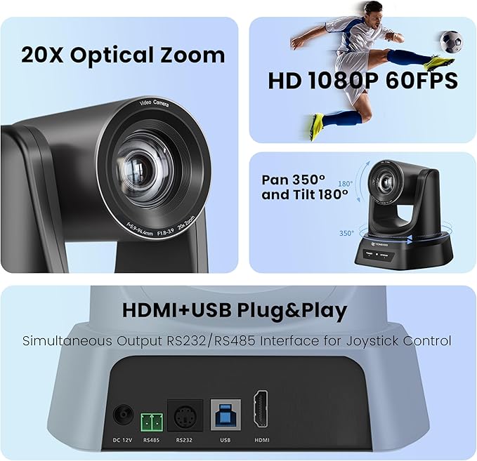 HDMI 20X Optical Zoom PTZ Conference Room Camera System, 1080P 60fps USB3.0 Computer Camera with Microphone & Bluetooth Speakerphone, Easy Setup for Church & Meetings