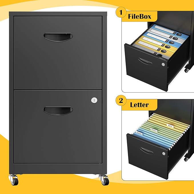 2 Drawer File Cabinet with Lock,Black Rolling File Cabinet for Home Office, Metal Small Mobile Filing Cabinets on Wheels for Hanging Letter