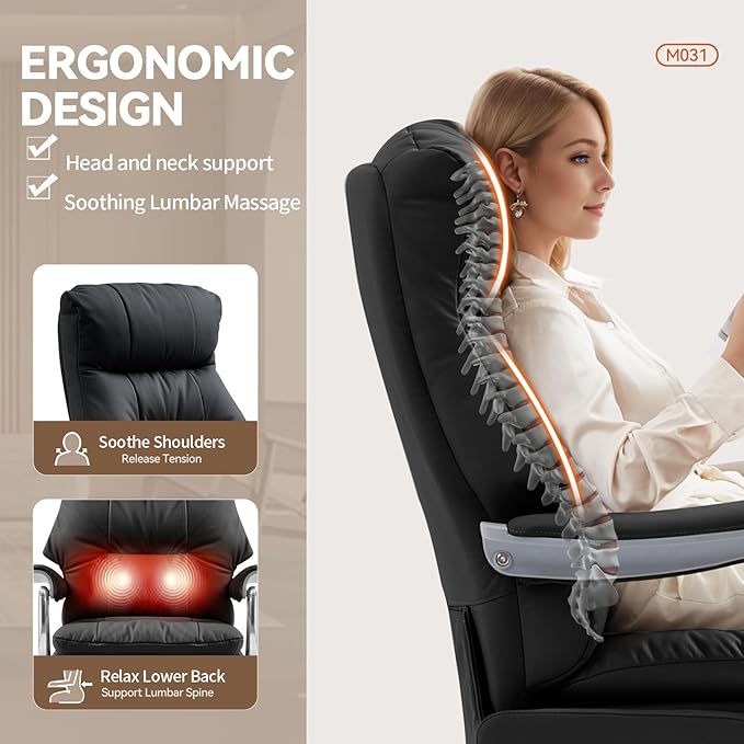 Dual Motor Electric Executive Office Chair with Foot Rest, Comfy Reclining Office Chair with Massage, Big and Tall Heavy Duty Ergonomic Home Office Desk Chairs,Sustainable Leather 400lbs, Black