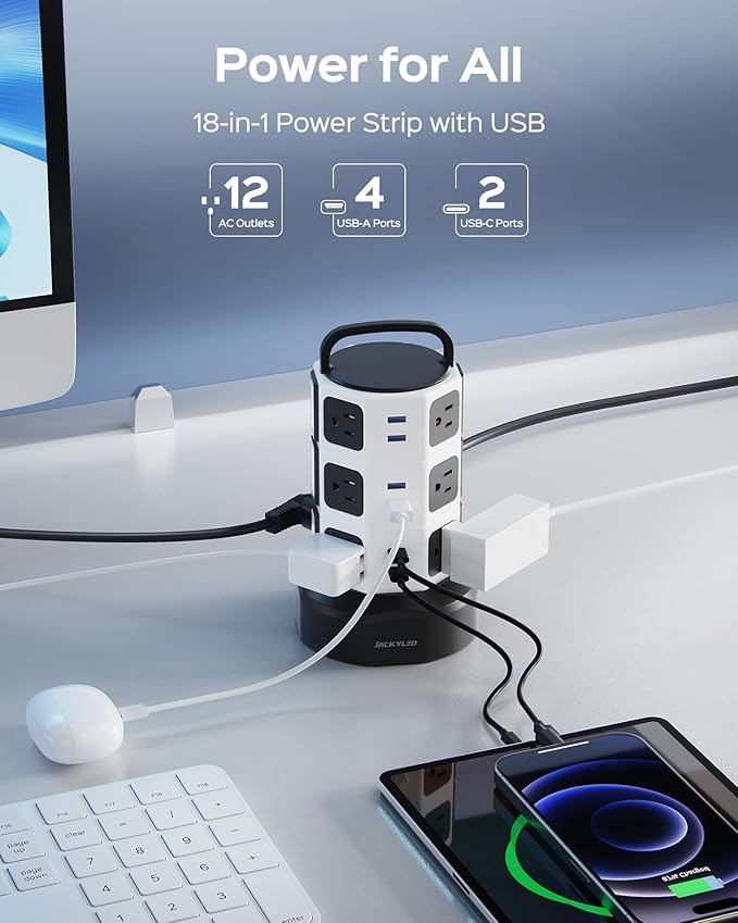 【10ft】 Power Strip Tower JACKYLED Surge Protector Electric Charging Station with 13A 12 Outlets 6 USB Ports Heavy Duty Extension Cord for Home Office Computer Nightstand Laptop Phone White Black