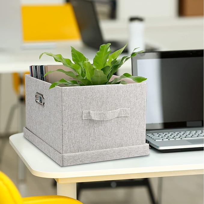 Medium 15" 21 Quart Collapsible Stackable Storage Bins with Lids, 1 Pack Beige Foldable Fabric Closet Storage Boxes with Lids, Heavy-duty Linen Baskets for Bedroom