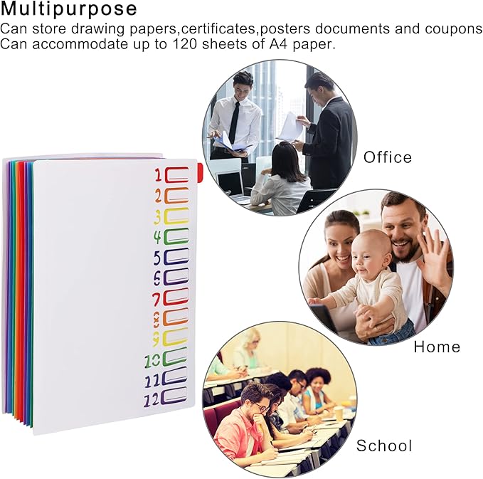 Rainbow Tab Expanding File Folder - 24 Pockets, Durable A4 Letter Size Organizer, Water-Resistant Plastic Dividers, Home/Office/School Document Holder (White)