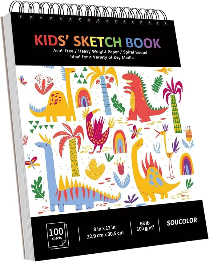 Soucolor 9" x 12" Kids Sketch Book, 100 Sheets Spiral Bound Art Sketchbook, Acid Free Artist Drawing Book Paper, Art Supplies for Adults, Craft Activities, Sketch Paper for Drawing Coloring Sketching