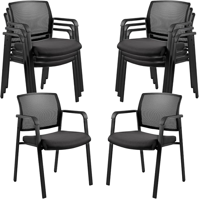 CLATINA Mesh Back Stacking Arm Chairs with Upholstered Fabric Seat and Ergonomic Lumbar Support for Office School Church Guest Reception Black 8 Pack Set New Version