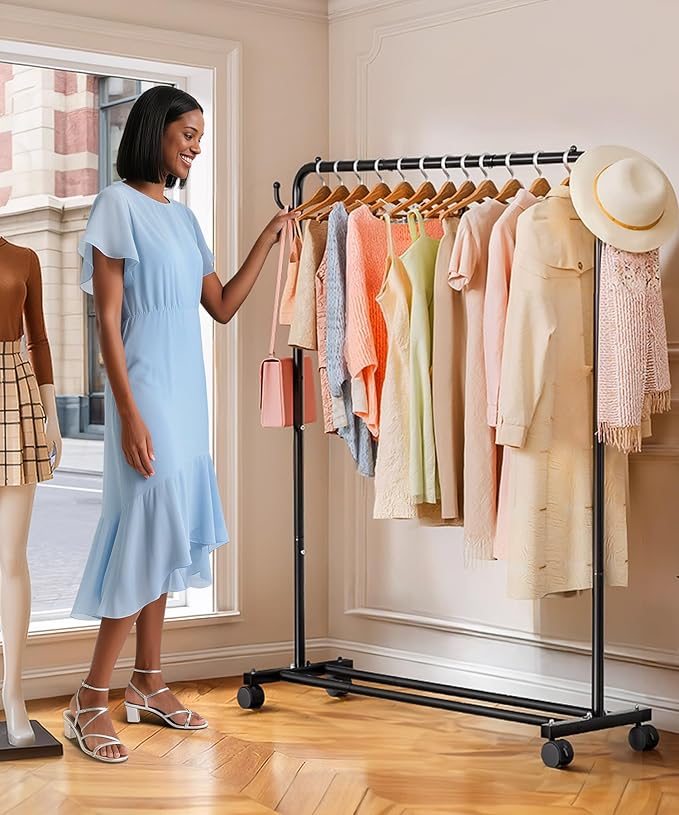 Homde Heavy Duty Clothes Rack: 120lb Standing Garment Storage for Indoor - Rolling Hanging Rod for Bedroom Laundry Room - Coat Dress Organizer on Wheels with luggage shelf (Black,46")