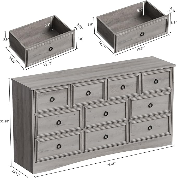 LGHM Modern Large 10 Drawer Dresser, Long Dressers for Bedroom, Chest of Drawers Closet Organizers and Storage Clothes - Textured Borders, 6" Deep Drawer for Living Room, Hallway, Gray