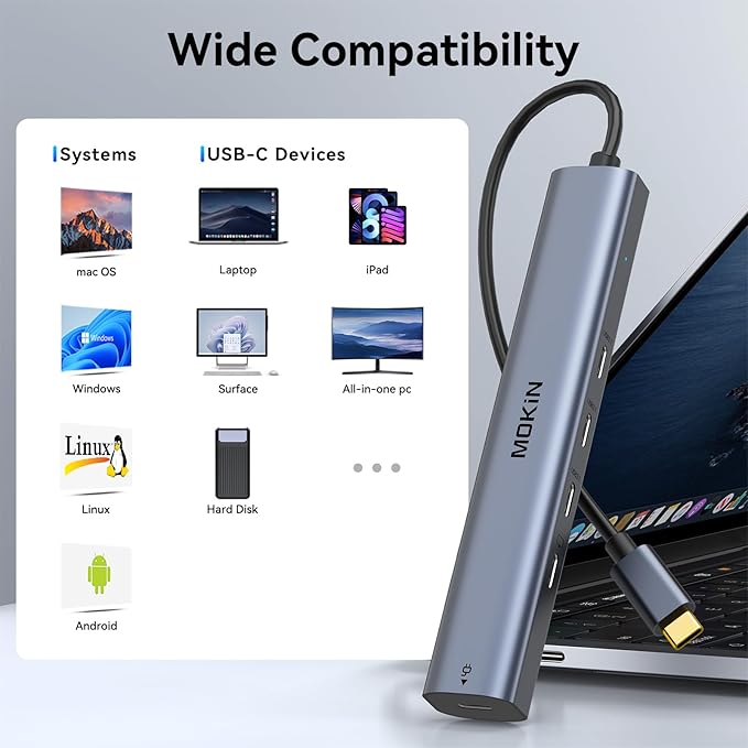 USB C Hub 10Gbps,MOKiN USB C Splitter with 4K@60Hz Video Output,100W PD Charging,Data Transfer,USB4 Multiport Dongle for MacBook Pro,iPad Pro and Type-C Devices