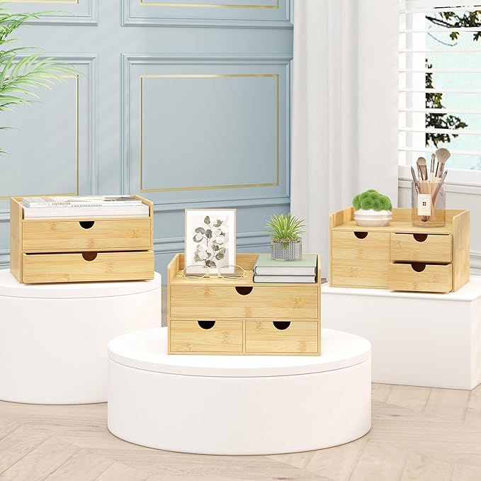 Desk Organizer with Drawers - Bamboo Desktop Organizer Storage | Wood Desk Drawers Organizer for Bills, Office Supplies, Cosmetics, Seals No Assembly Required (2 Drawer)