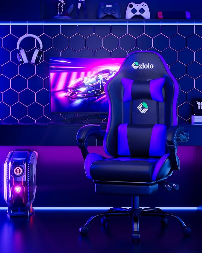 Gaming Chair, Ergonomic Office Computer Chair with Footrest and Lumbar Support Massager Racing Style High Back Video Gamer Chair, Wide&Thick Cushion, 90°-135° Recline, Adjustable Height, Blue