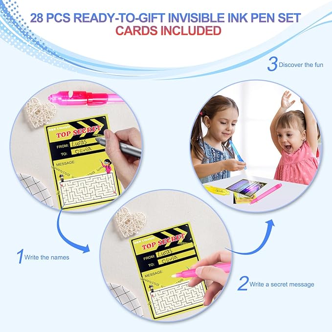 28 Pcs Invisible Ink Pens with UV light for kids, Word Search & Maze Activities Cards Included, Education & Party Favors, End of School Year Gift, Birthday,Halloween, Christmas, Goodie bag stuffers