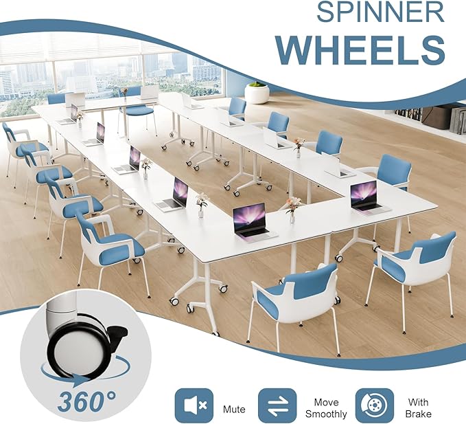 4Pack Folding Conference Room Table, Modern Conference Tables with Silent Wheels, Large Rectangular Mobile Training Tables for Office Classroom, Foldable Modular Seminar Table White (L55.1in)