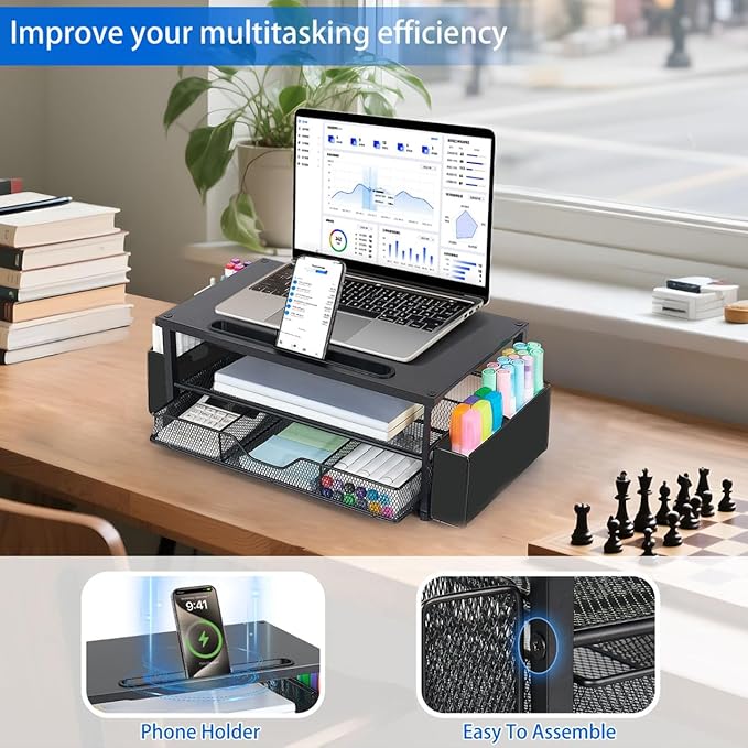 AUPSEN Wood Computer Monitor Stand Riser, 2-Tier Black Desk Organizer with Drawer, Pen Storage & Phone Holder ,Office Desk Accessories Desktop Organizer for Office Supplies