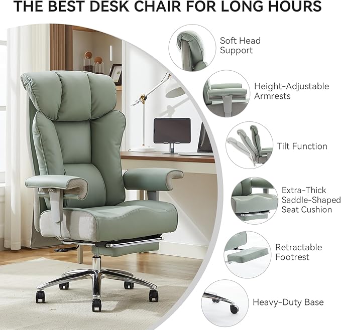 Efomao Big and Tall Green Office Chair 450LBS – Ergonomic High-Back Executive Chair with Footrest, Adjustable Padded Armrests, PU Leather Computer Chair with Lumbar Support for Home or Office,Green
