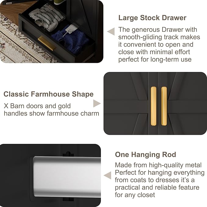 Metal Wardrobe Cabinet with Hanging Rod,71" Armoire Wardrobe Closet with Adjustable Shelves,Farmhouse Metal Clothing Storage Cabinets for Bedroom,Office,Employee,Laundry Room(Black)