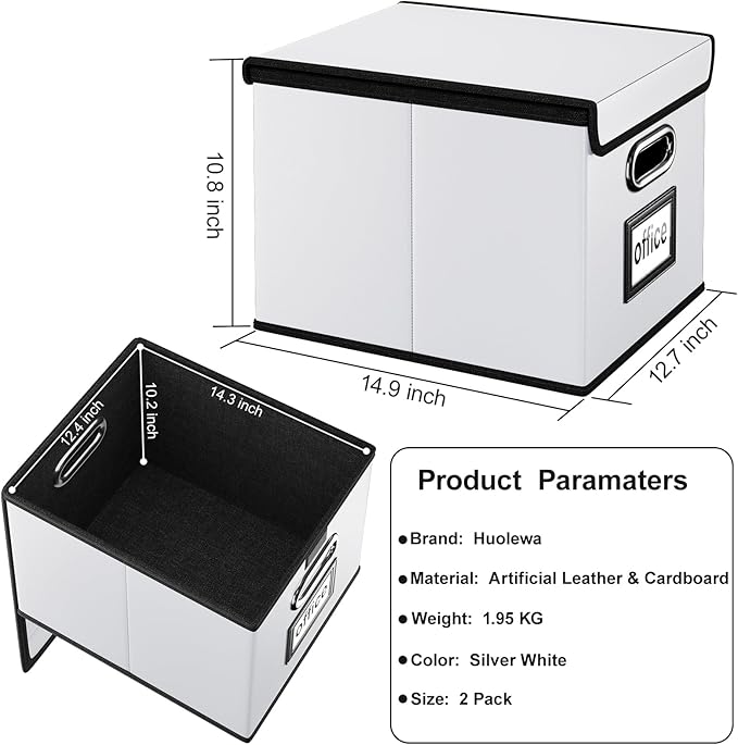 Huolewa Portable Leather File Organizer Boxes with Lids, Collapsible File Folder Organizer Boxes, Decorative Small Filing File Cabinet for Home/Office, Easily Store Documents/Hanging File Folders
