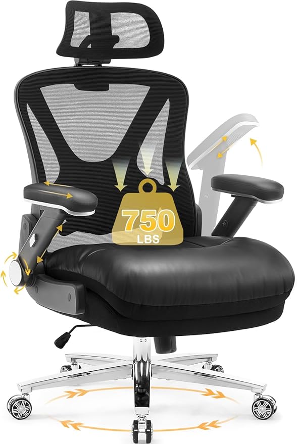 750lbs Big and Tall Office Chair- Heavy Duty Executive Chair with 5D Flip Arms and Adjustable Lumbar Support, Ergonomic Mesh High Back Desk Chair, Ergonomic Executive Home Office Computer Chair
