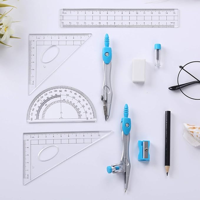 10 Pieces Math Geometry Kit Set Student Supplies with Shatterproof Storage Box,Includes Rulers,Protractor,Compass,Eraser,Pencil Sharpener,Lead Refills,Pencil,for School and Drawings(Blue)
