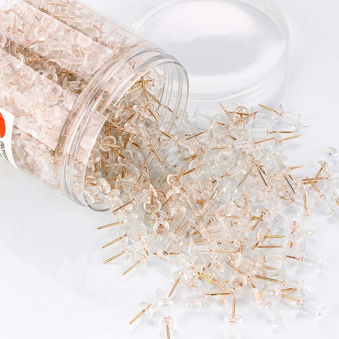 Yalis Push Pins 600 Count, Standard Rose Gold Pins Clear Thumb Tacks Steel Point and Clear Plastic Head (Rose Gold)