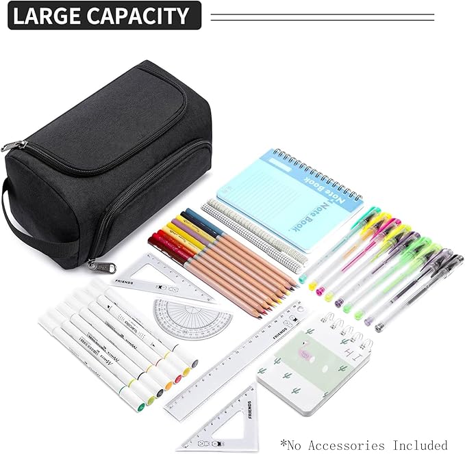 XQXA Large Capacity Pencil Case Organizer, Multifunctional Extra Big Pencil Pouch with Compartmens, Travel Simple Stationery Pen Bag, Fabric Pencil Bag for Men Women Girl Boy (Black)
