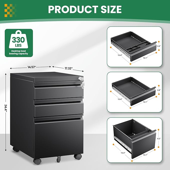 3 Drawer Mobile File Cabinet with Lock,Under Desk Storage Filing Cabinet for Home Office Fits A4 or Letter Size(Unassembled,Black)