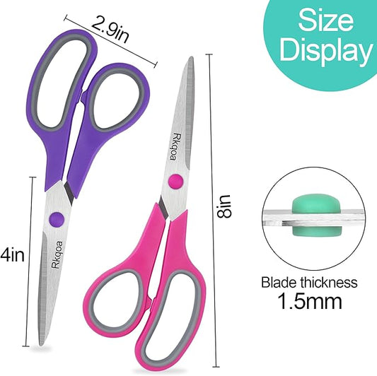 Scissors, Rkqoa 8" Adult Scissors All Purpose 6 Pack - Comfort-Grip Sharp Shears for Office School Sewing Fabric Craft Art Supplies, Teacher/Class Everyday Use, Right/Left Handles