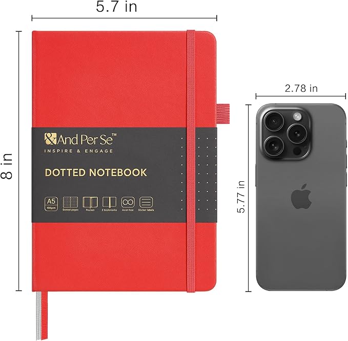 &And Per Se Dotted Journal Notebook, A5 Hardcover Bullet Dotted Journal, 160 Pages 100 gsm Thick Dotted Paper, 3 Sheets of Stickers Included - 5.7'' x 8''(Red)