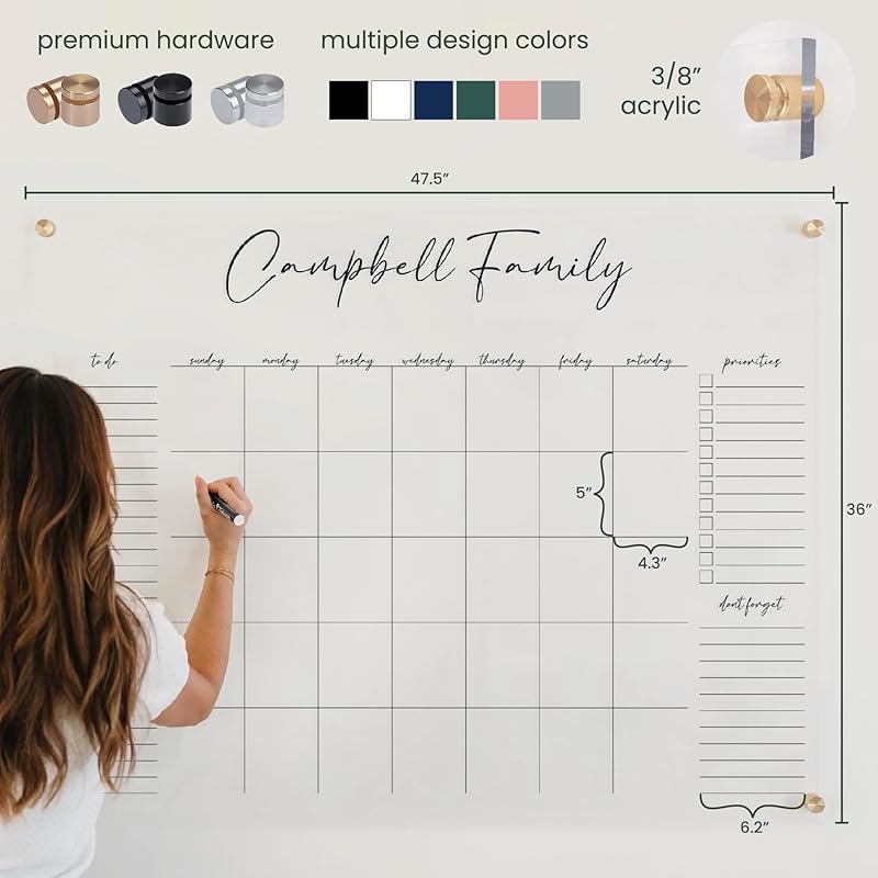 Personalized Clear Acrylic Calendar for Wall, Calendar Whiteboard for Wall, Dry Erase Wall Calendar, Wall Calendar Organizer System for Home (Cursive, Navy, 47.5"W x 36"H)