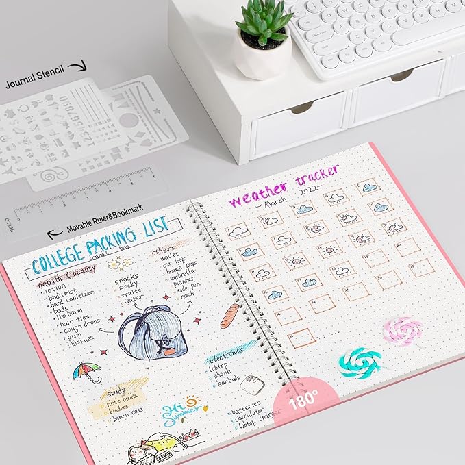 AHGXG Bullet Dotted Journal - Dot Grid Spiral Notebook 8.5" x 11", A4 Large Dotted Notebook, 100 GSM Thick Paper, Waterproof Plastic Cover Journals for Bullet Journaling, Sketching, Pink