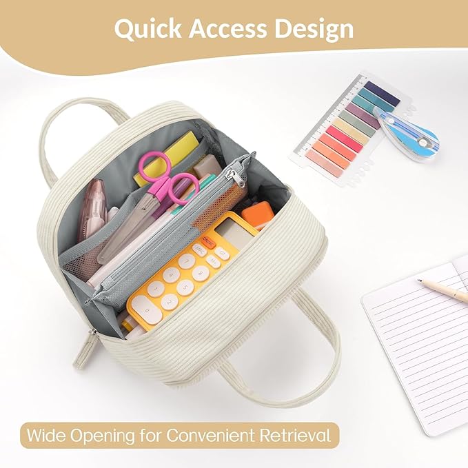 Sooez Large Pencil Case Pouch, Extra Big Pencil Bag with 5 Compartments, Pen Bag Wide Opening, Soft Corduroy Pencil Pouch Organizer with Zipper, Cute Aesthetic School Supplies for Teen Girls-Lilac